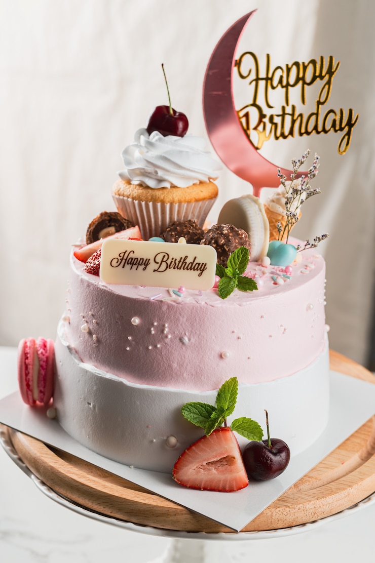 Photo delicious birthday cake with happy birthday tag