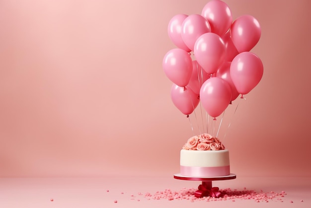 Delicious birthday cake with pink balloons and confetti on pink background