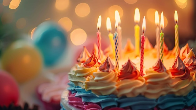 A delicious birthday cake with seven lit candles The cake is decorated with colorful frosting and sprinkles