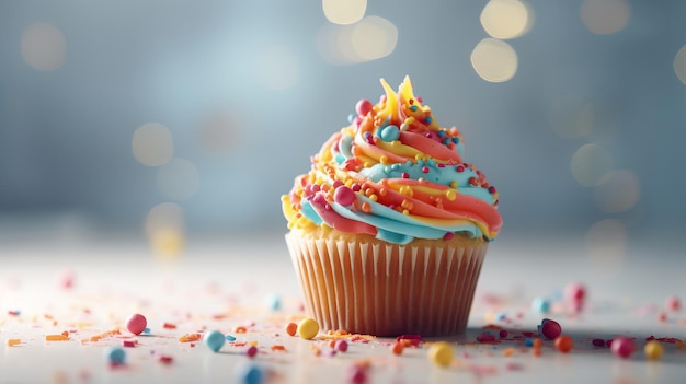 Delicious birthday cupcake on table on light background Al generated