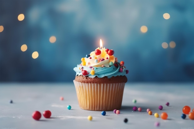 Delicious birthday cupcake on table on light background copy space