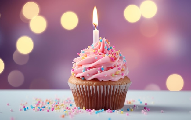 Delicious birthday cupcake on table on light background