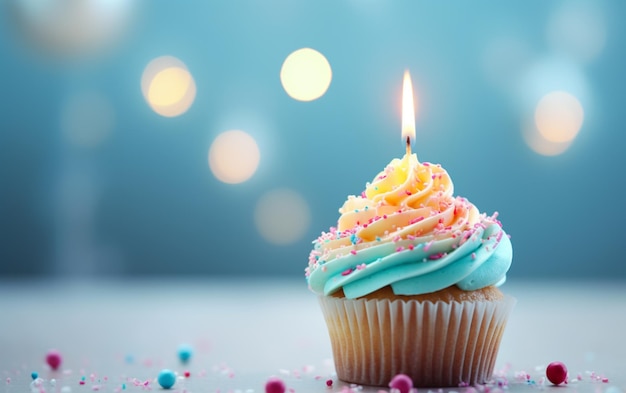 Delicious birthday cupcake on table on light background