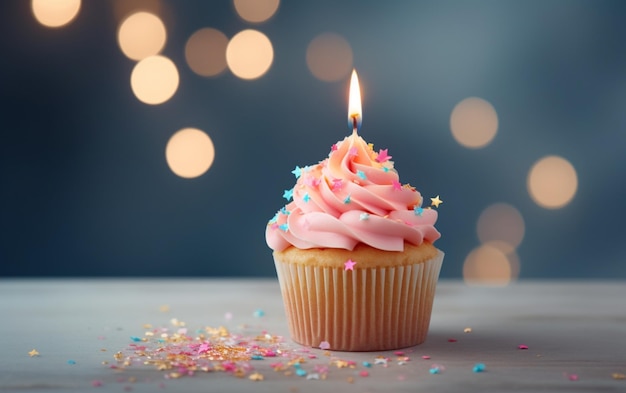 Delicious birthday cupcake on table on light background