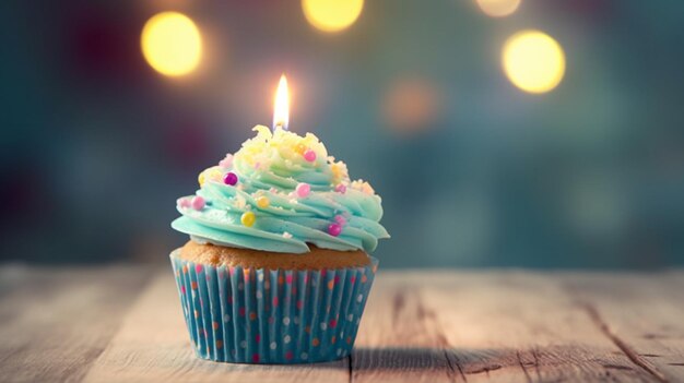 delicious birthday cupcake on table on light background