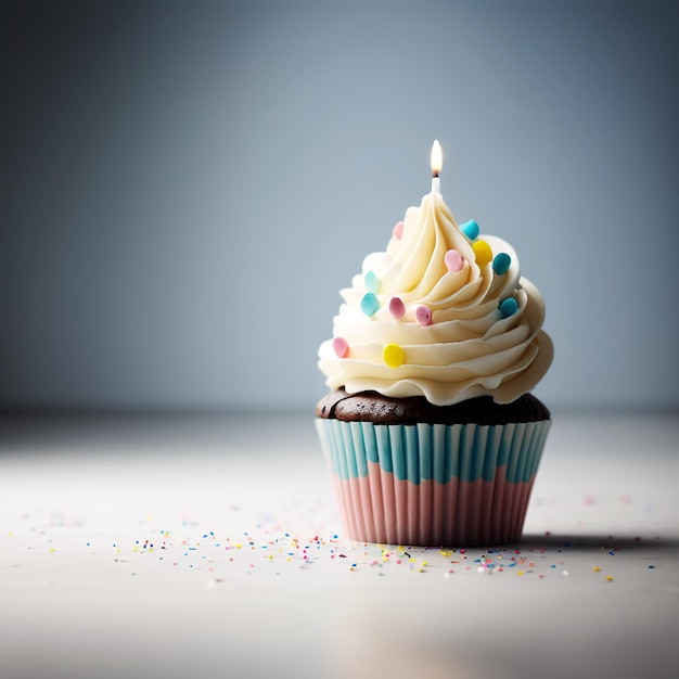 Delicious birthday cupcake on table