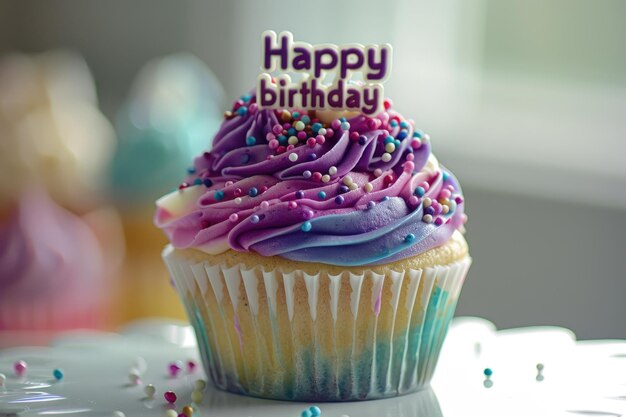 Photo delicious birthday cupcake with a greeting tag