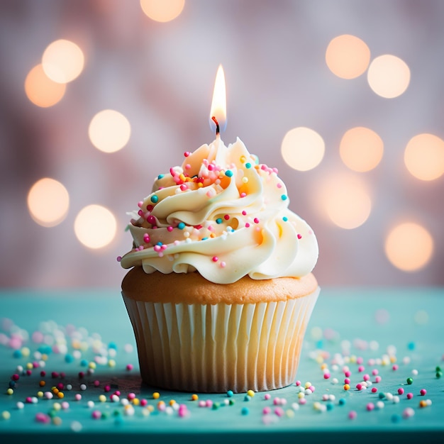 Delicious birthday cupcakes on table on light backg