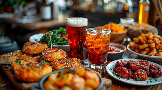 Photo delicious bites and refreshing drinks a macro view of pub fare