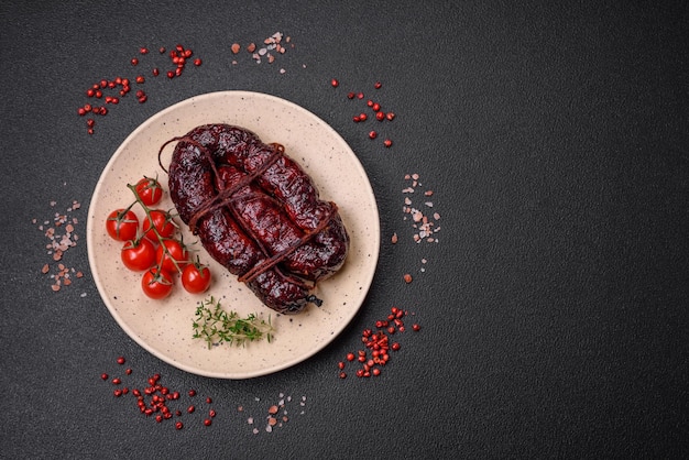 Delicious black blood sausage or black pudding with spices and herbs