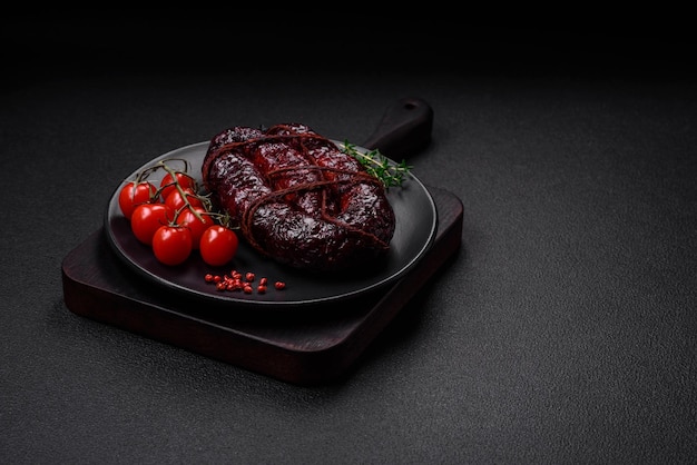 Delicious black blood sausage or black pudding with spices and herbs