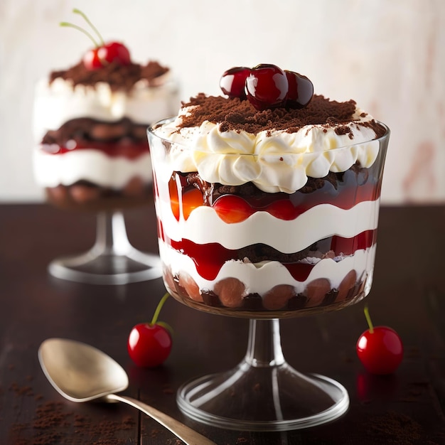Photo delicious black forest chocolate trifle with cherries and whipped cream in a big glass bowl garnished with chopped chocolate cocoa powder and berries indulgent decadent dessert