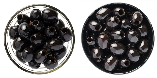 Delicious black olives in bowl isolated on white