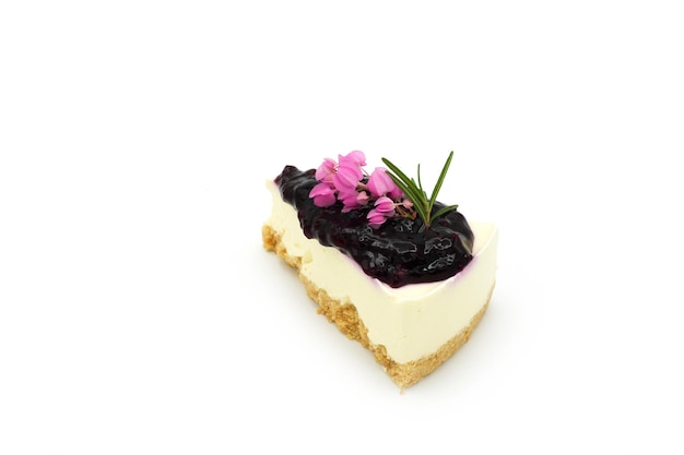 Delicious blueberry cheesecake on white background