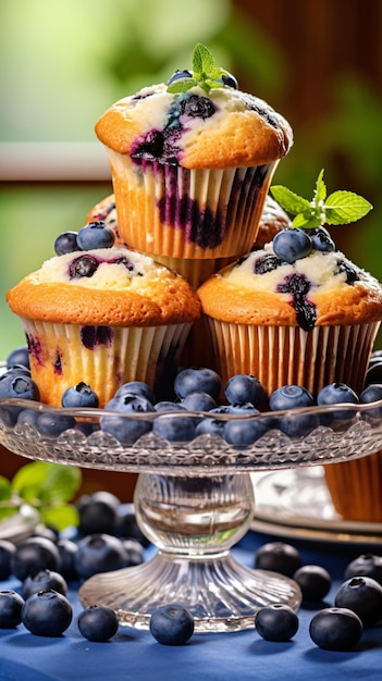 Delicious blueberry muffins on cake stand on the tab