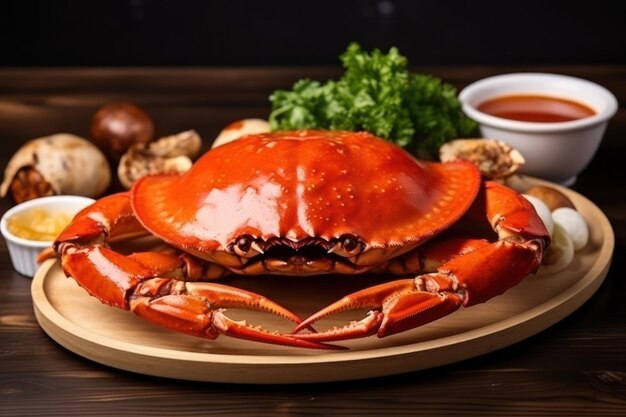 Delicious boiled crab with sauce on the table space for text