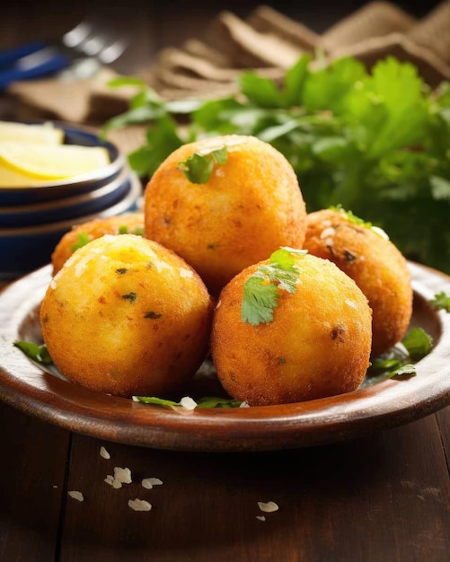 Foto delizioso bolinho de bacalhau piatto brasiliano con sfondo scuro in studio