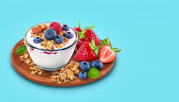 Delicious Bowl of Granola with Yogurt with Berries Isolated on a balck Background