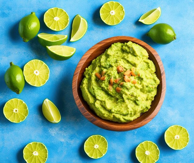 Foto una deliziosa ciotola di guacamole accanto a ingredienti freschi su un tavolo