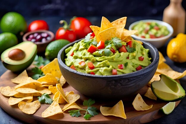 Photo a delicious bowl of guacamole with crispy tortilla chips