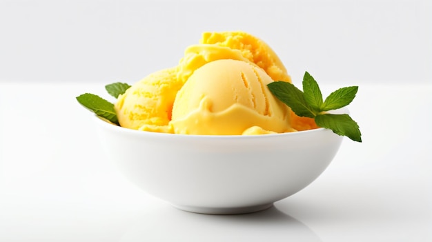 Foto una deliziosa ciotola di gelato di mango su uno sfondo bianco