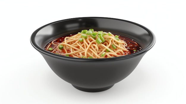 A delicious bowl of noodles in a black bowl The noodles are topped with green onions and sesame seeds The bowl is sitting on a white table