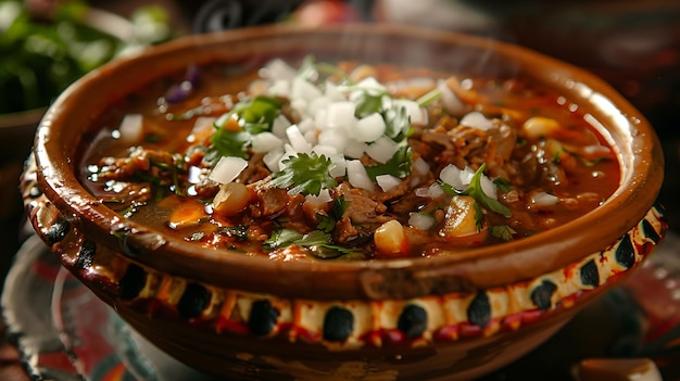 A delicious bowl of pozole a traditional Mexican soup made with hominy pork and vegetables