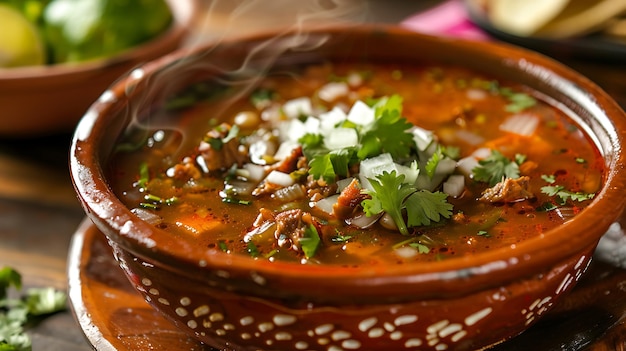 A delicious bowl of pozole a traditional Mexican soup made with pork hominy and a variety of spices