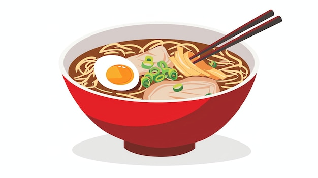 A delicious bowl of ramen with noodles pork egg and green onions The ramen is served in a red bowl with chopsticks on the side
