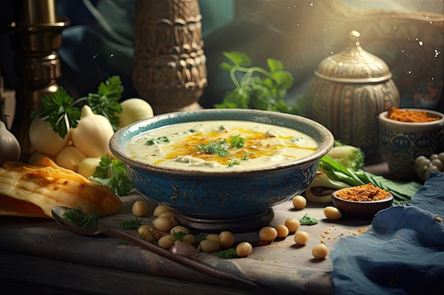 A delicious bowl of soup accompanied by a variety of appetizing food items