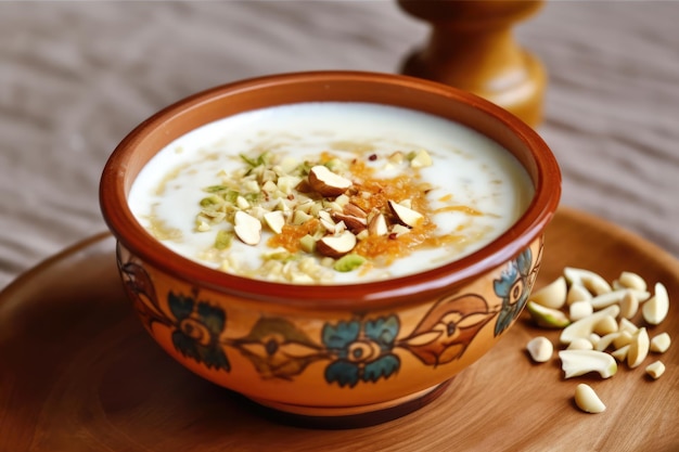 Delicious bowl of soup with nuts served in a decorative ceramic bowl