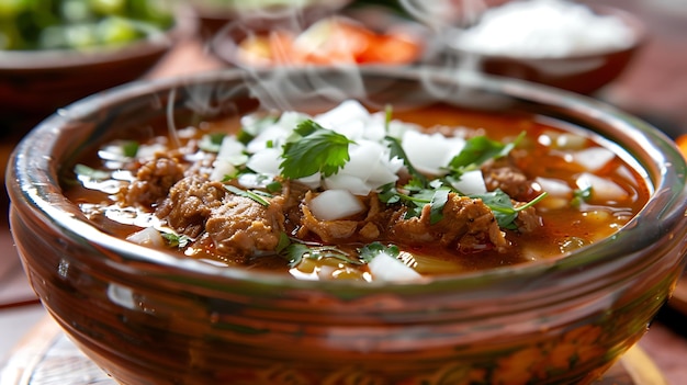 Photo a delicious bowl of traditional mexican pozole a hearty soup made with hominy pork and vegetables