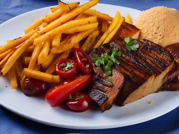 Delicious brazilian food dish fried meat with sauce vegetable rice and fries generative AI