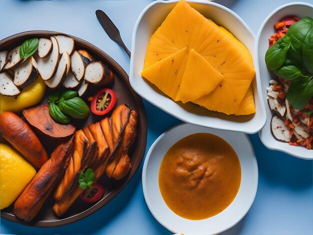 Delicious brazilian food dish fried meat with sauce vegetable rice and fries generative AI