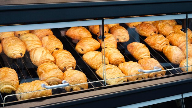 Delicious bread buns in a bakery or supermarket