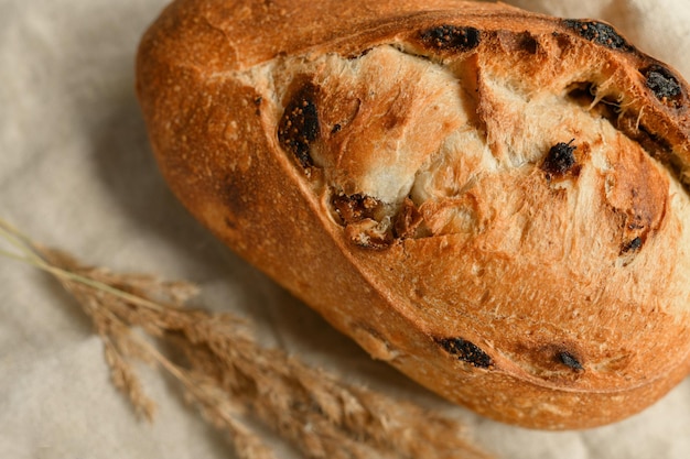 Delicious bread with figs on a natural beige background