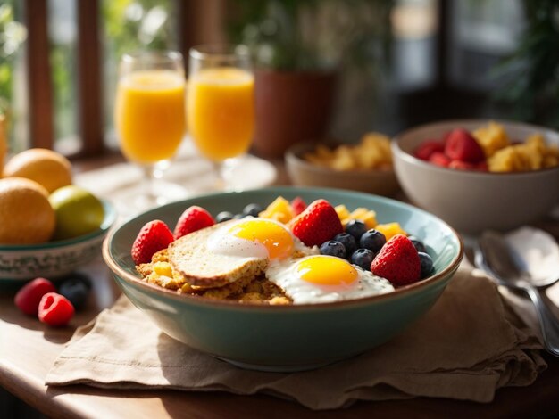 A Delicious Breakfast Bowl Cereal Eggs and Fresh Fruit in Harmony