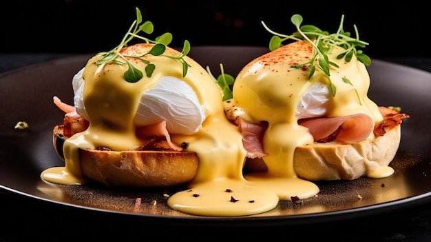 Foto deliziosa colazione di classico uovo benedetto con pancetta su un piatto