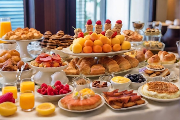 Delicious breakfast on a light table Top view copy space