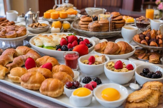 Delicious breakfast on a light table Top view copy space