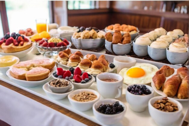 Delicious breakfast on a light table Top view copy space