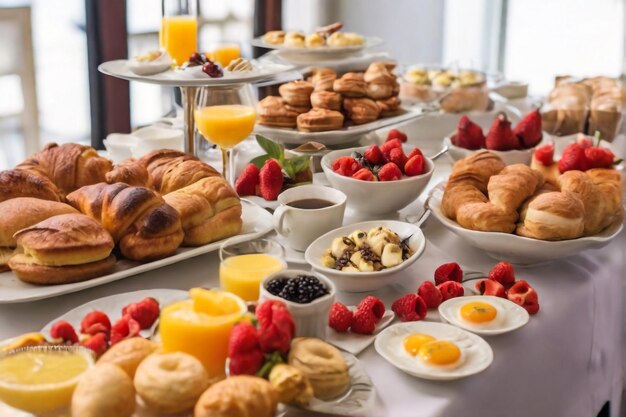 Delicious breakfast on a light table Top view copy space