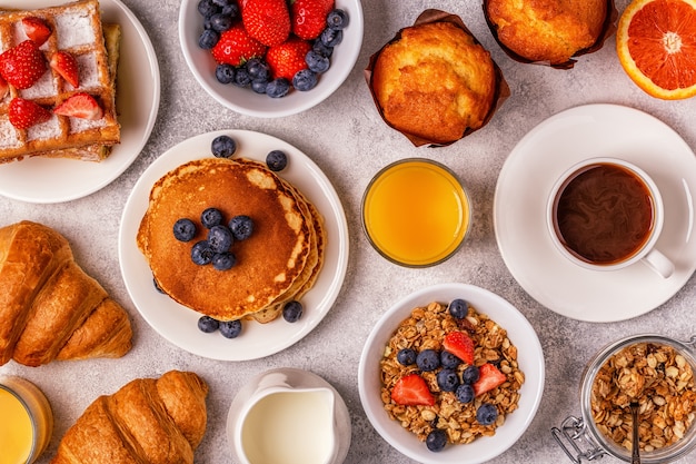 Delicious breakfast on a light table