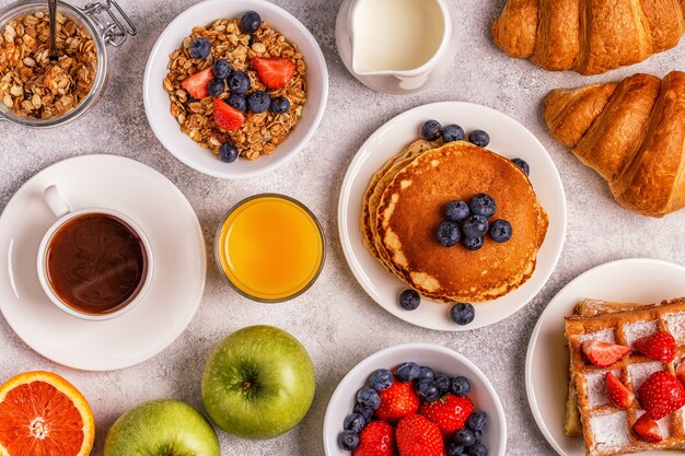 Delicious breakfast on a light table.