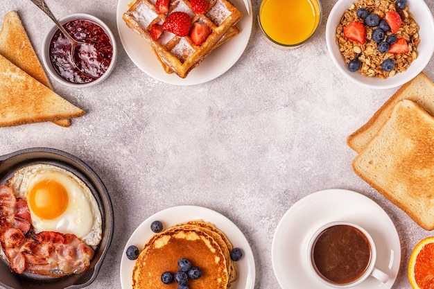 Delicious breakfast on a light table.