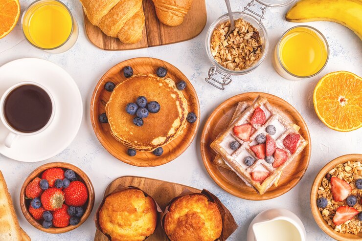 Delicious breakfast on a light table