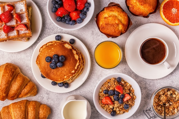 Delicious breakfast on a light table