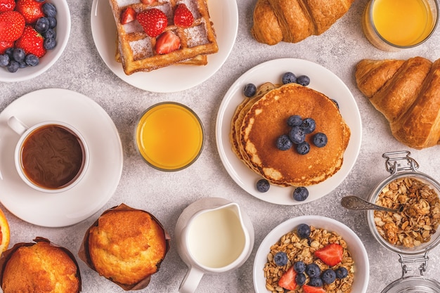 Delicious breakfast on a light table