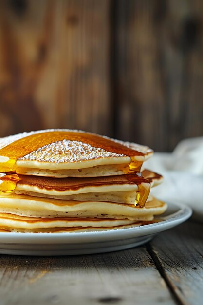 Delicious breakfast pancakes with butter and sweet syrup