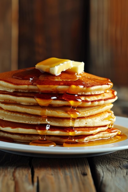 Foto deliziosi pancake per la colazione con burro e sciroppo dolce